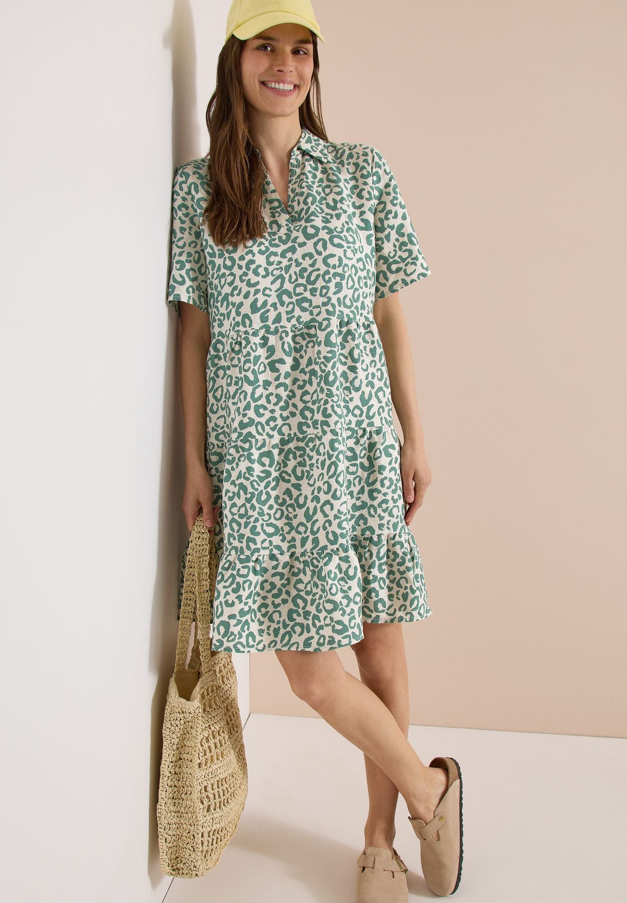 Knielanges Kleid aus Leinenmix mit Print