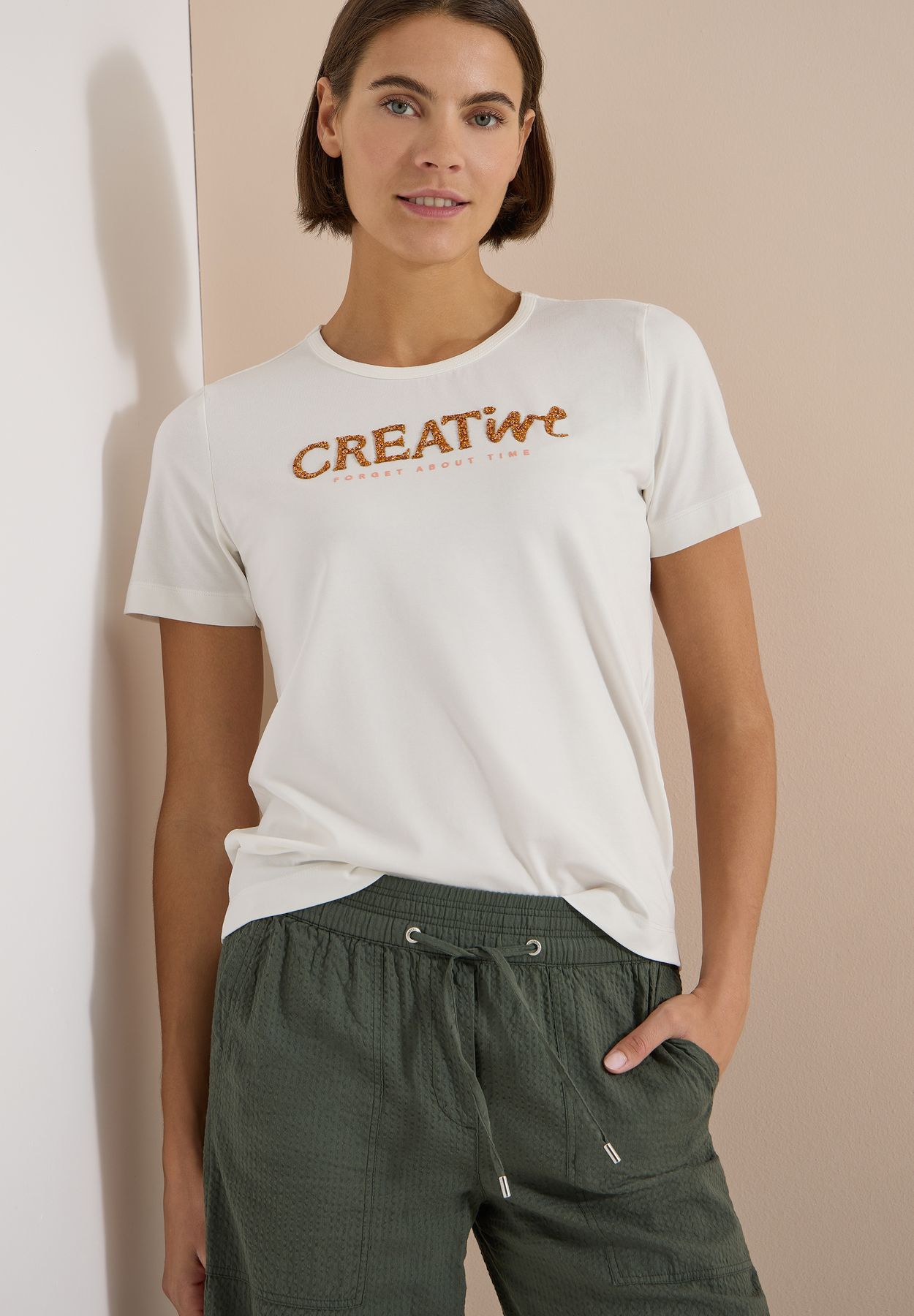 T-Shirt mit Rundhals und Glitzer-Wording