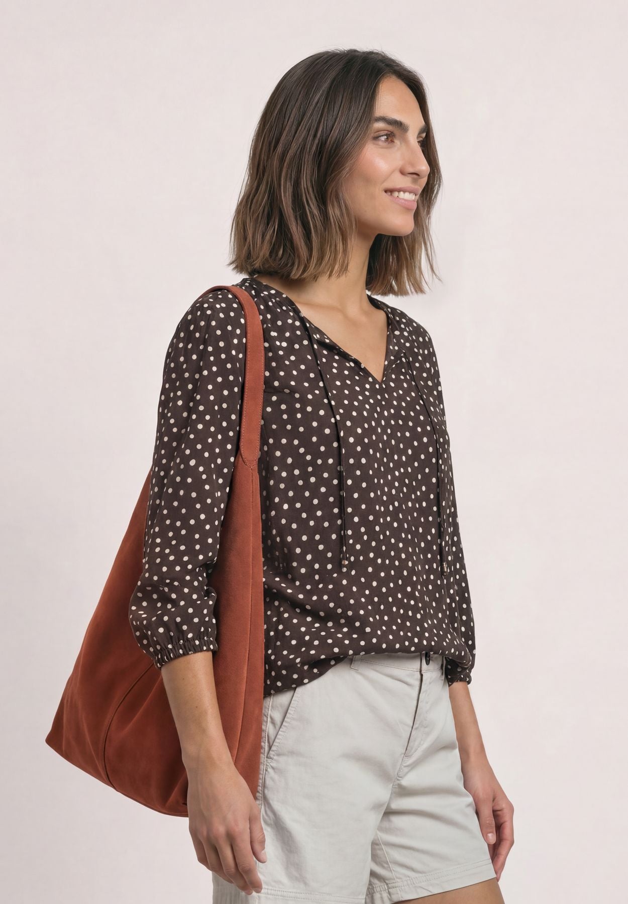 3/4-Arm Bluse mit Split Neck und Bändern