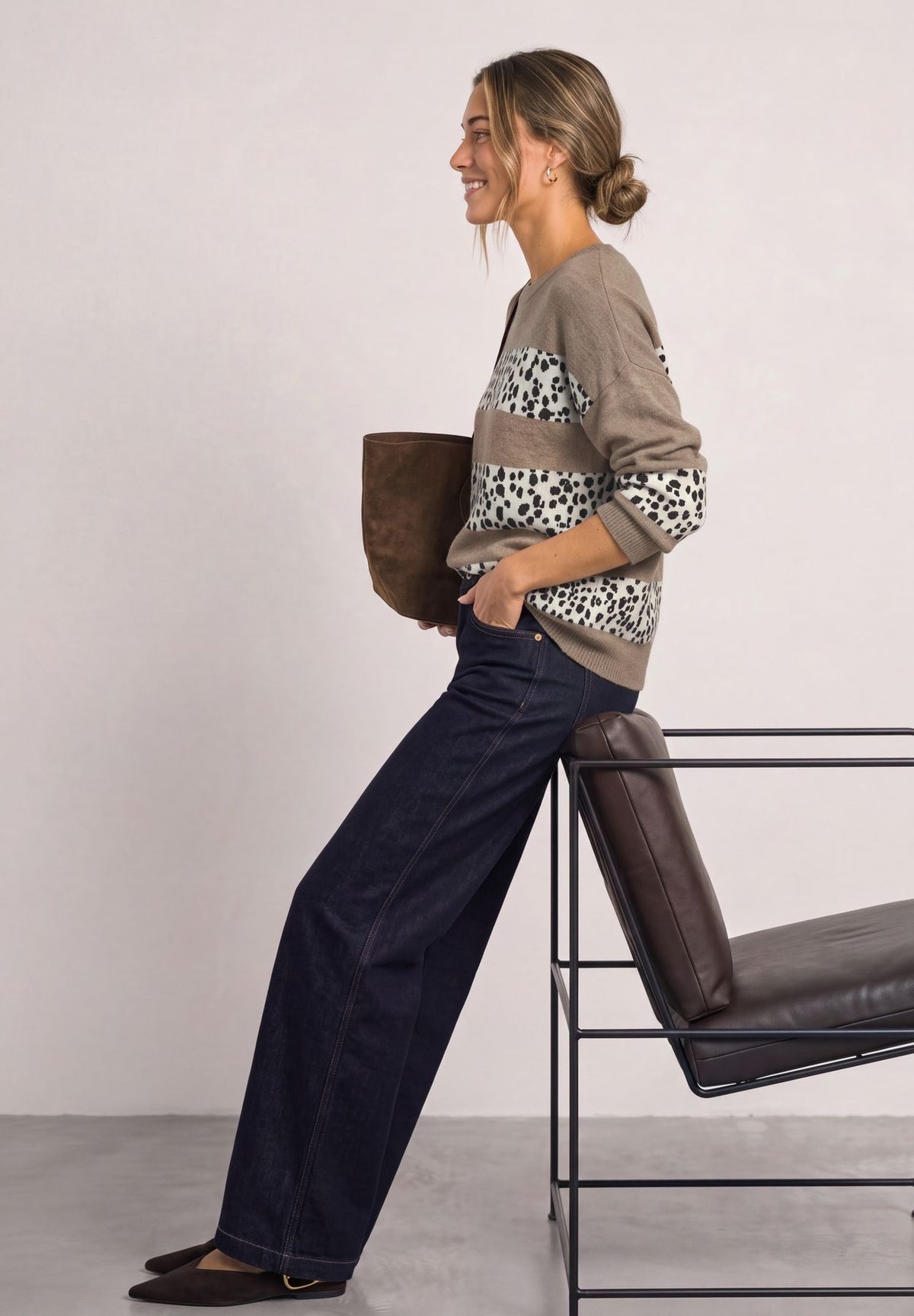 Langarm Jacquard Pullover mit Boat Neck