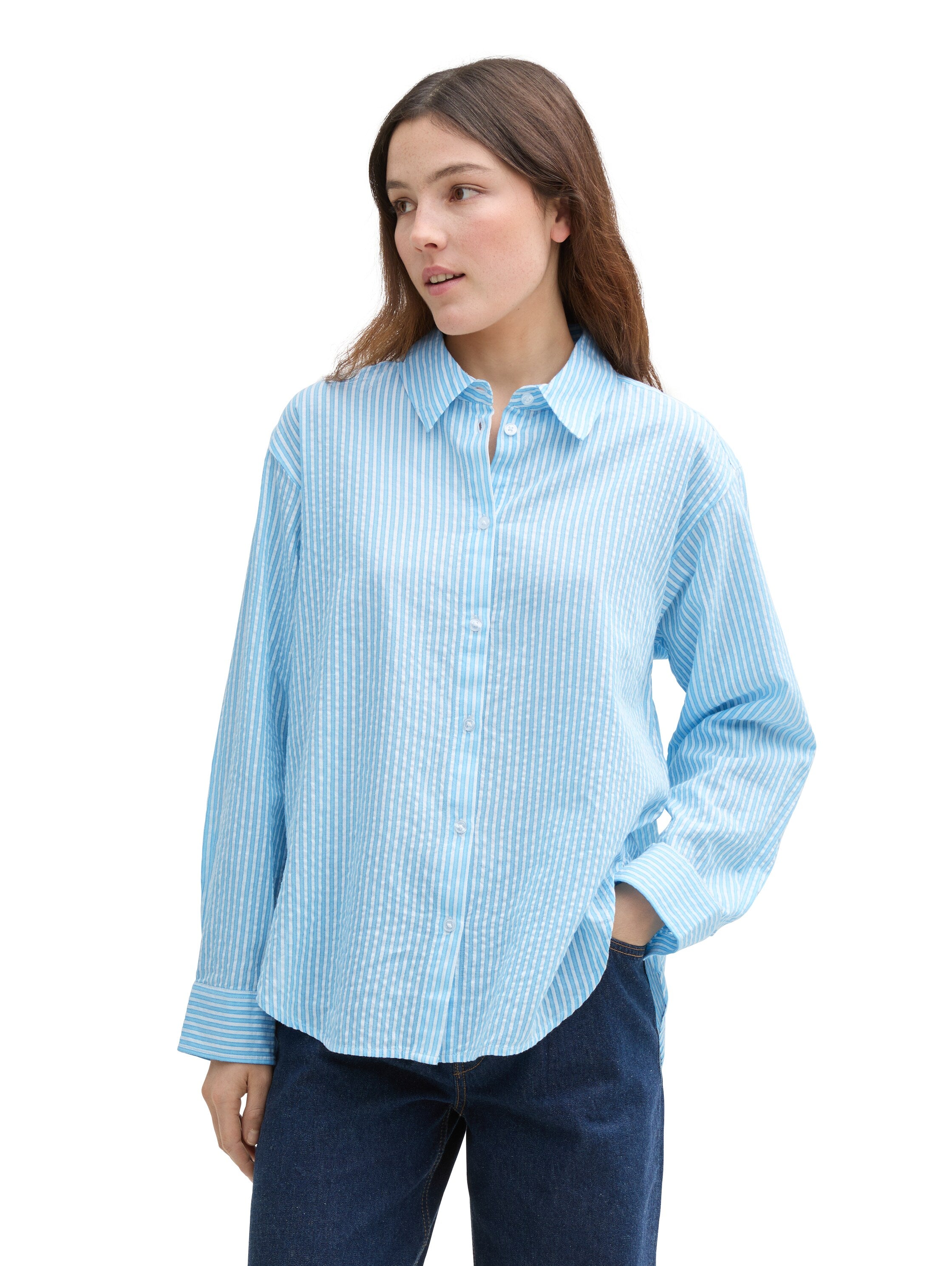 Loose Fit Seersucker Hemdbluse mit Streifenmuster