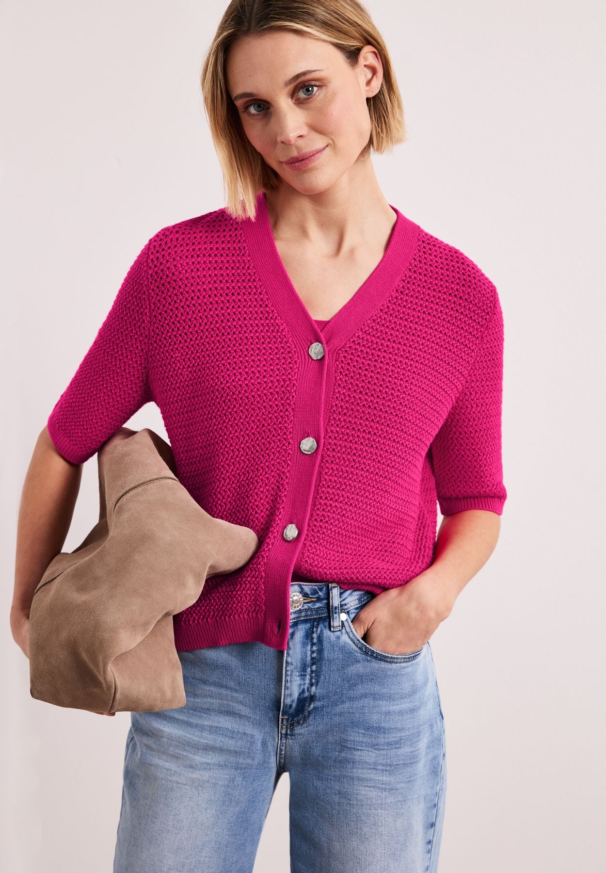 Kurzarm Cardigan mit V-Neck und Struktur