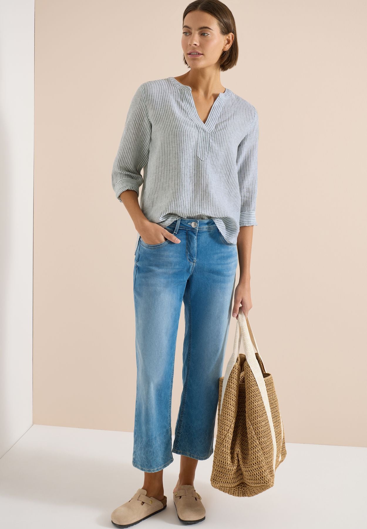 3/4-Arm Bluse mit Split Neck aus Leinen