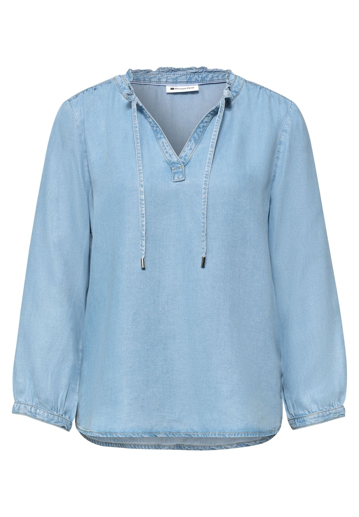 3/4-Arm Bluse mit Split Neck im Denim-Look