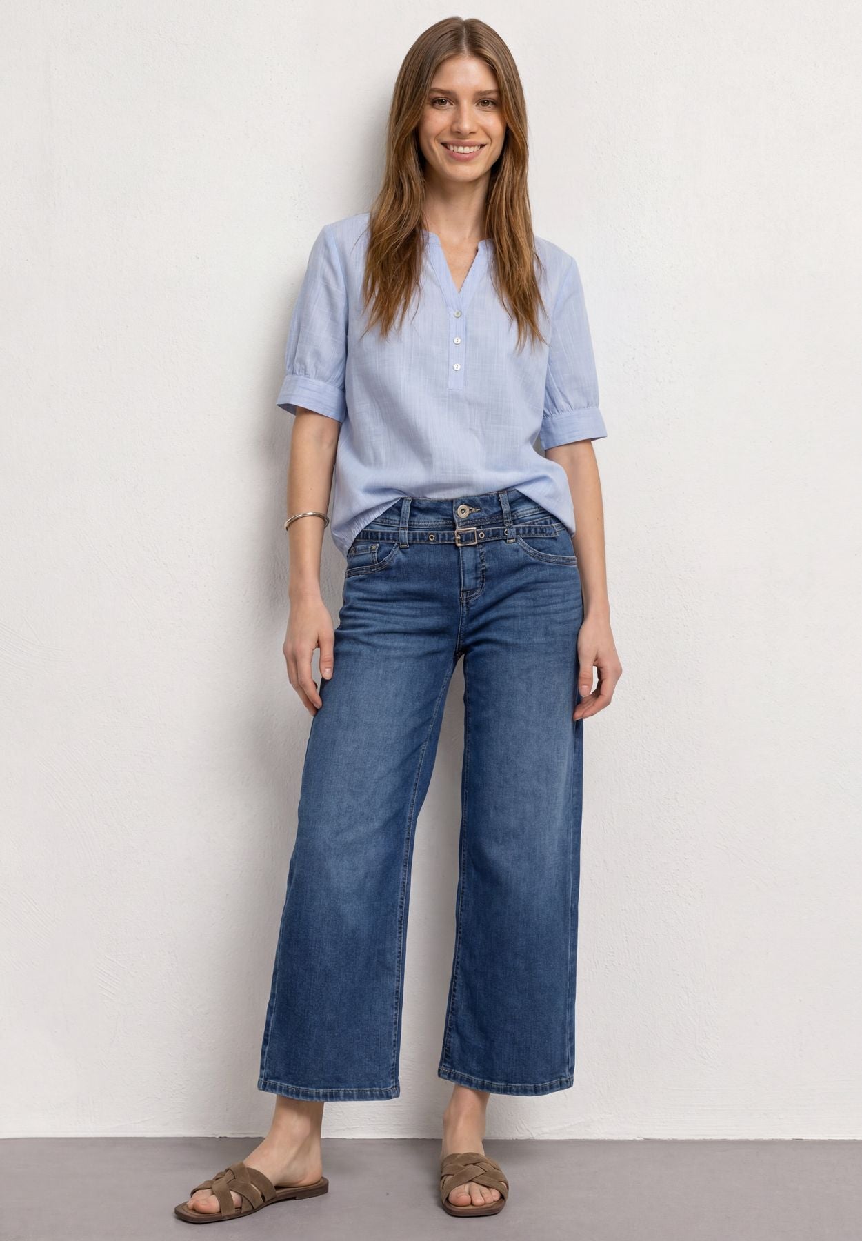 Chambray Bluse mit Split Neck und Elastiksaum
