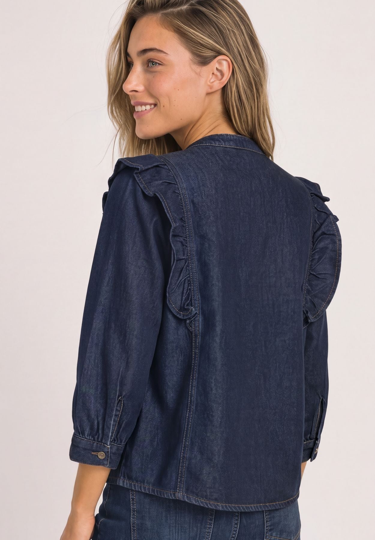 Langarm Denim Bluse mit Rüschen