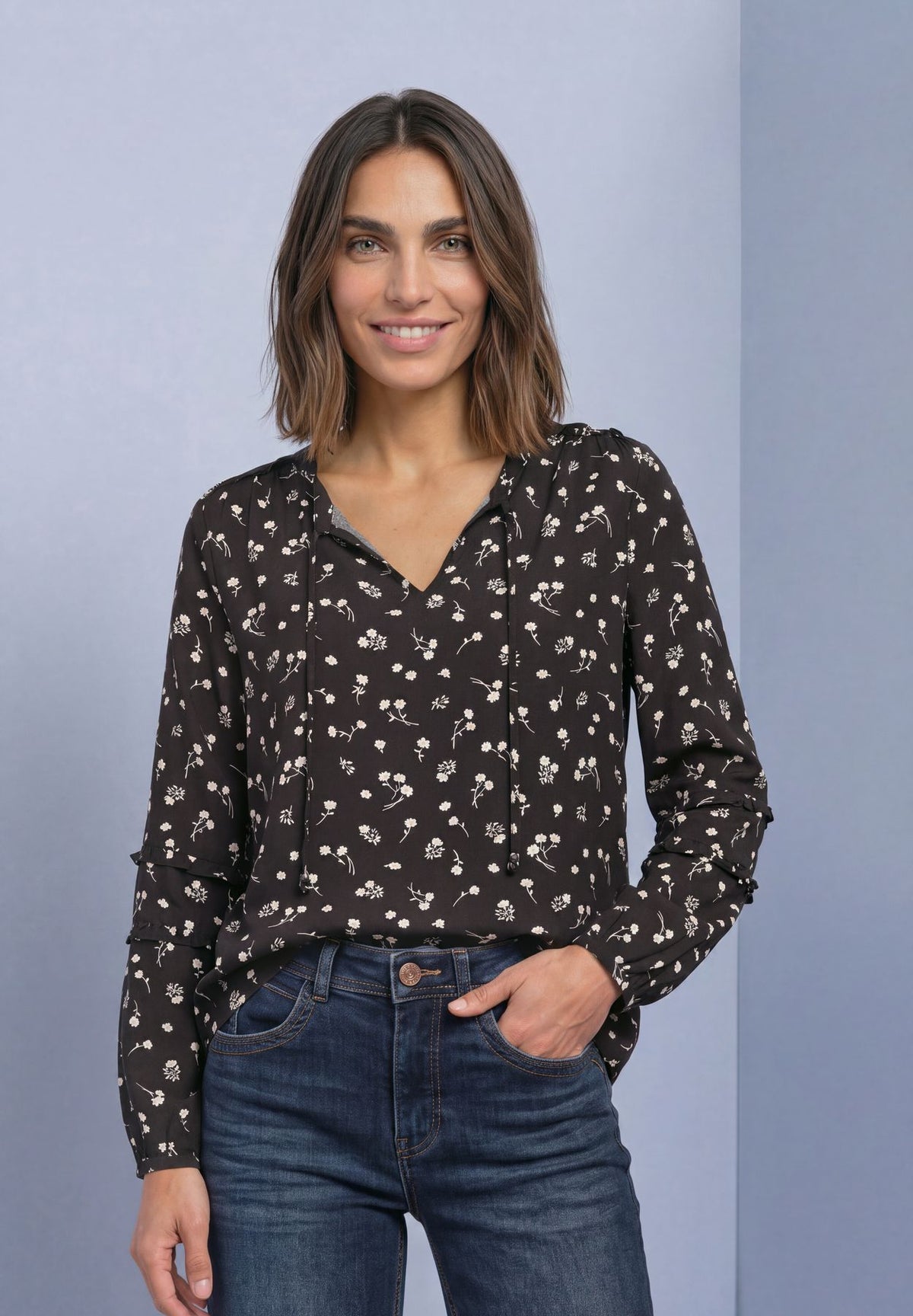 Langarm Bluse mit Split Neck und Rüschen