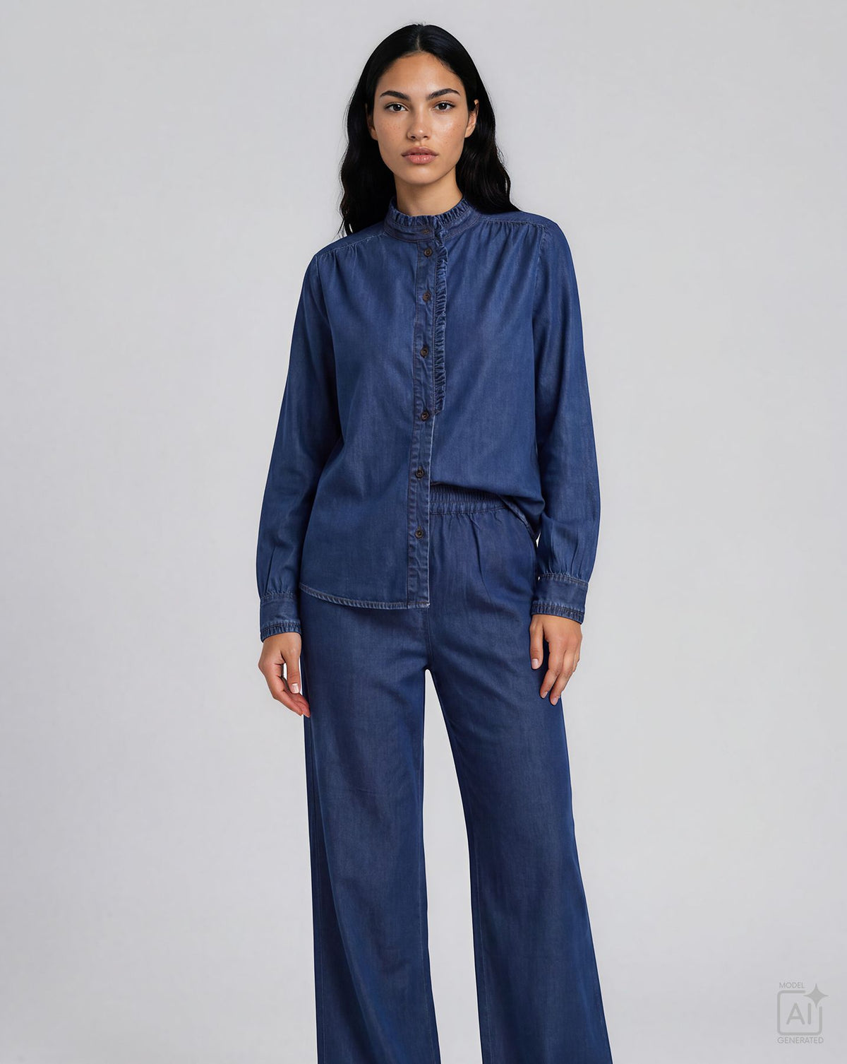 Lyocell Denim Ruffle Blouse