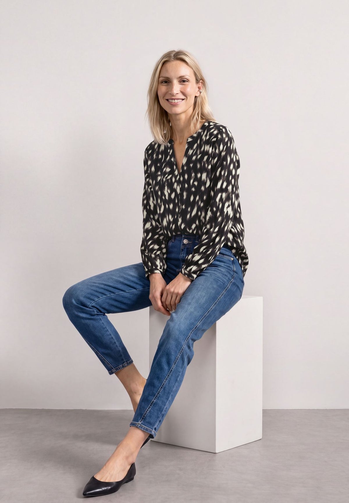 Langarm Tunika mit Split Neck und Reh-Print